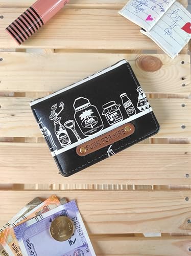 Image of Funk For Hire Black & White Printed Leatherette Card Holder Wallet for Men & Women, Compact Bifold Design with Coin Pocket, 6 Card Slots, Cash Compartment, Made in India
