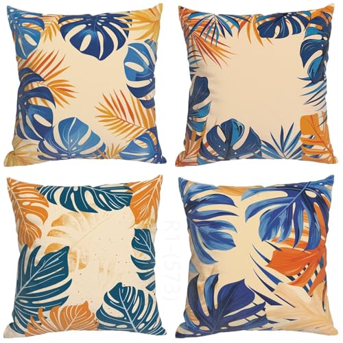 Funda de Cojin Hojas Funda Cojin 40x40 fundas Cojines Azul Fundas de Almohada, Cuadrado Cojines Decorativos Almohada para Moderna Decoración Sofa, Sala de Estar, Jardín, Coche, Cama Juego de 4 H2-573
