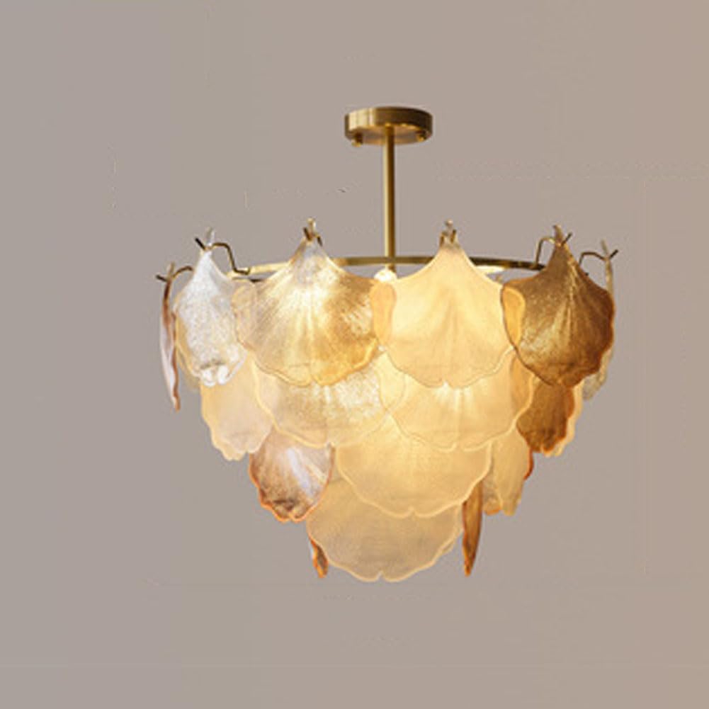 HXYSXHJUO E14 French ginkgo leaf glass chandelier, creative enamel design for living room dining bedroom light,60cm