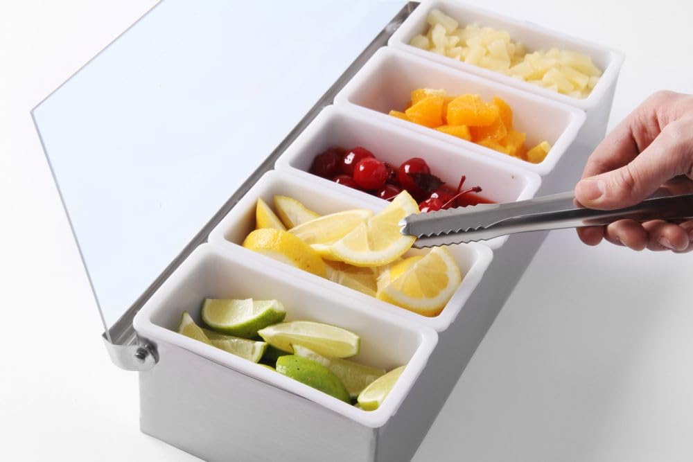 HENDI Pojemnik barmański na dodatki do drinków, BarUp, z 5 wyjmowanymi pojemniczkami, przezroczysta pokrywa, pojemnik na przyprawy, 375x140x(H)90mm, stal nierdzewna, HDPE, polipropylen