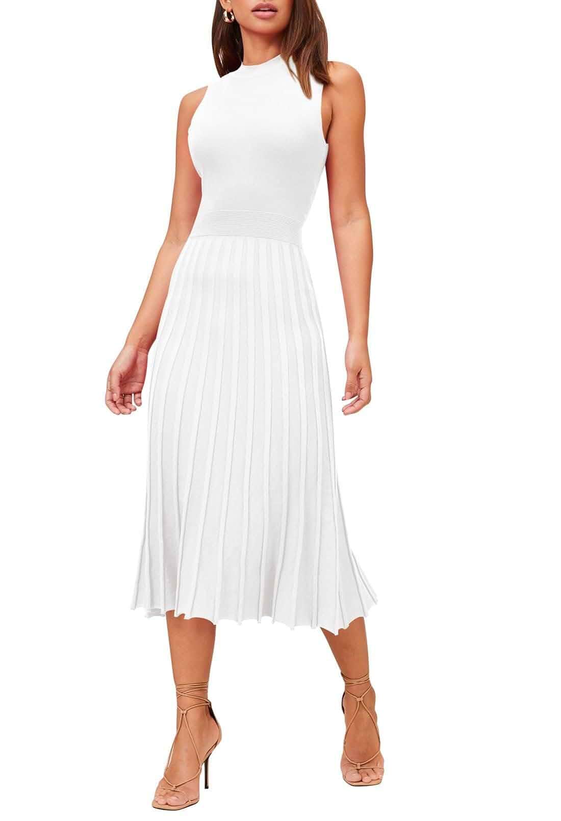 Pink Queen Women's Elegant Sleeveless Pleated A Line Midi Sweater Dresses Crewneck,High Waisted,Ribbed Knit,Swing Long Dresses,Soft Stretchy,Business Causal,Work,Wedding,Party,Cocktail