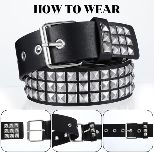 1 PCS Studded Belt, Black Goth Belts for Women Y2K Belts with Bright Metal Pyramid Fashion Punk Rock Gothic Belt Accessories for Men Jeans Dress Pants (Black)4