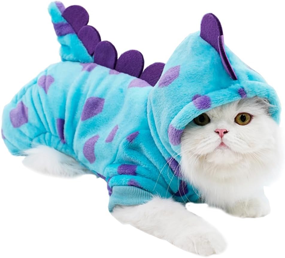 CELONROMF Dinosaur Pet Costume Hooded Jumpsuit for Small Dogs Cats Soft Flannel Warm Four-Legged Clothing with Leash Hole Funny Cosplay Outfit for Easter Halloween Christmas (X-Small Dinosaur)