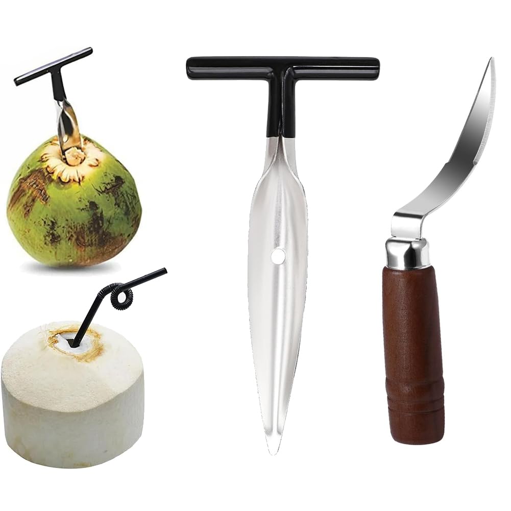 2PCS Non-Slip Coconut Tool Coconut Meat Remover and Coconut Punch, Stainless Steel Safety Coconut Opener with Wooden Handle,Young Fresh Green Coconut Water Drilling Tools for Home Outdoor Use