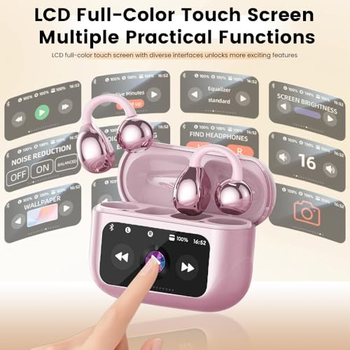 Image of Clip On Ear Headphones, Open Ear Earbuds Wireless Bluetooth 5.4, Clip On Earbuds with LCD Touchscreen, Lightweight Comfort Open Ear Headphones for Pad Tablet Laptop Android /iOS Phones (Pink)