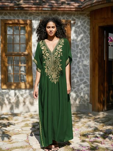 Women V Neck Embroidery Kaftan Dress Loose Casual Beach Cover Up Long Caftans Maxi Dresses4