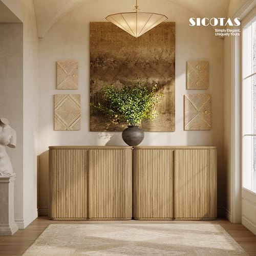 Image of SICOTAS Fluted Sideboard Buffet Cabinet with Storage, Modern Credenza with Solid Wood Handle, Mid-Century Buffet Cabinet Storage Cabinet with Door for Living Room, Entryway