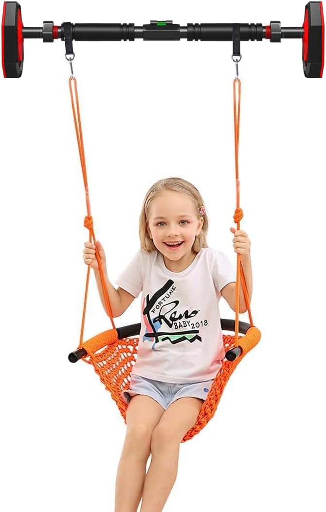 Hand-Knitting Toddler Swing + Pull Up Bar for Doorway (Adjustable Width Workout Bars), Swing Seat for Kids with Adjustable Ropes, for Kids Heavy Duty Rope Play Secure Children Swing Set