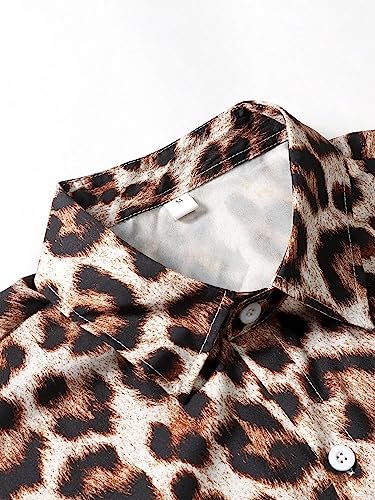 WDIRARA Men's 2 Piece Leopard Print Outfit Button Up Collared Short Sleeve Shirt and Drawstring Waist Shorts3