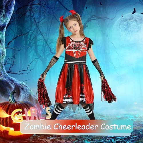 Sincere Party Zombie Cheerleader Costume Zombie Devil Dress with Pompom,Tights,Fishnet Gloves,Devil Horns Clips L(8-10) - Image 2