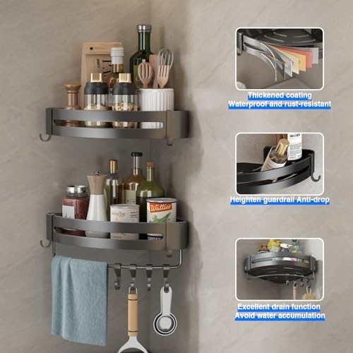 Image of Mustorn Bathroom Organiser Without Drill Wall Mounted Washroom Storage Organizer Adhesive Corner Bath Shelves Gray Bathroom Stand Rack Caddy for Shower Rust-proof with Towel Bar (2-Pack, Triangle)