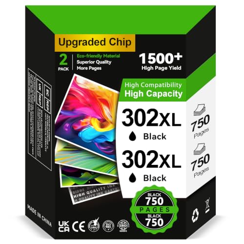 302 XL Schwarz- 2×750+Seiten Kompatible für HP 302 Druckerpatronen Schwarz für HP 302 Schwarz Original 302XL für HP Envy 4525 Druckerpatronen 4520 4527 OfficeJet 5230 3830 3831 5232 DeskJet 3630 3636