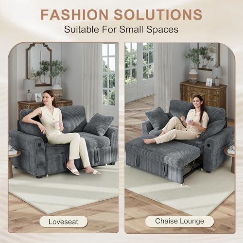 Image of Hanherry 59 inch Loveseat Sofa with Pull Out Couch Bed, Corduroy 2-in-1 Convertible 2 Seater Sleeper Sofa with USB Charging,Comfy Love Seat for Small Spaces Living Room Apartment