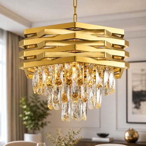 Image of Desidiya Led Modern Crystal 400mm Golden Finish 7 Metal Square Layered 3 Tier Chandelier | Decorative Hanging False Ceiling Led Light for Living Room Ceiling Light Decorative for Drawing Room