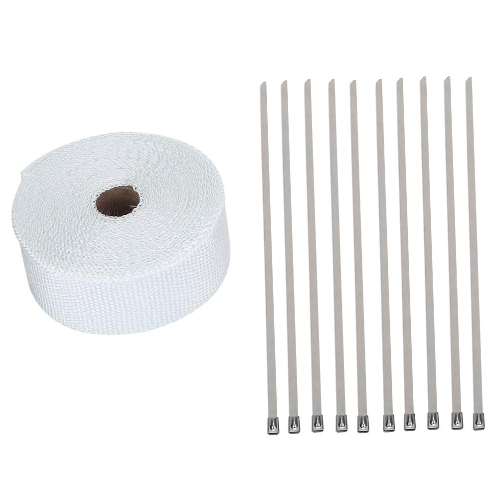32ft Exhaust Heat Wrap Roll With 10 Stainless Steel Ties - Header Wrap Kit for Motorcycle Car Pipes, Manifold (White)