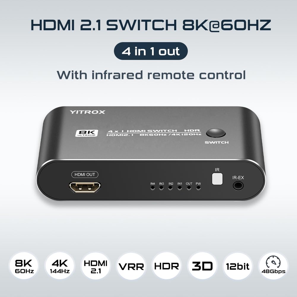 HDMI Switch 4 in 1 Out 4K 120Hz, 4K 144Hz, 8K 60Hz, HDMI 2.1 Switcher Compatible with PS4/5, Xbox, Fire Stick, Apple TV, Roku, HD TV, Aluminum Shell