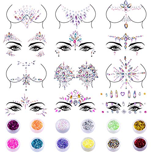SIQUK 12 Sets Face Body Jewels Mermaid Face Crystal Stickers Face Gems with 12 Boxes Colored Chunky Face Glitter for Festival Rave Carnival Party