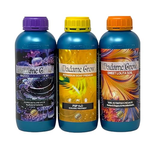 Madame Grow – Kit Dominica – Fertilizantes Orgánicos – Refuerza la Nutrición, Promueve la Floración y Brinda Protección – Sweet Lolita, Bazooka Bloom y Jabón Potásico – 3 x 1 L c/u