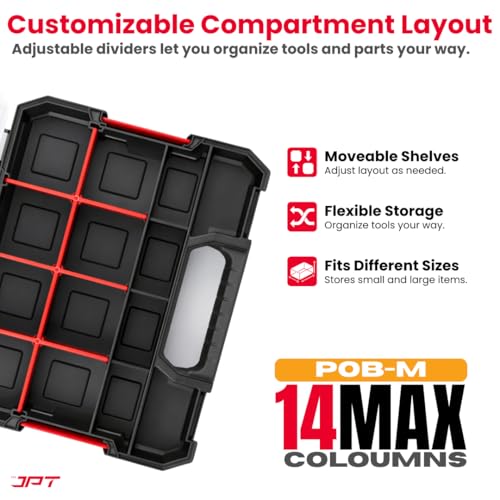 Image of JPT Medium Ultra Heavy Duty Tool Organiser Box | Plastic Storage Case with Transparent Lid, 14 Compartments & 8 Removable Dividers, Locking Latch | Stackable Hardware & Parts Organizer