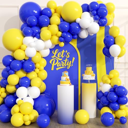 Image of 153Pcs Royal Blue and Yellow Balloon Garland Arch Kit - White Royal Blue and Yellow Balloon Arch Kit Different Size Balloons for Anniversary Graduation Baby Shower Birthday Party Decorations