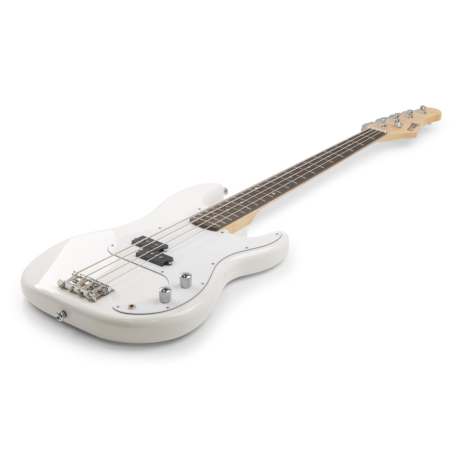 MAX GigKit Bassgitarre Set, E Bass Gitarre, Bass Guitar mit Gitarrenverstärker, Tasche, Stimmgerät, Plektren, Ständer, Gurt, Kabel und Ersatzsaiten - 21 Bünde - Weiß
