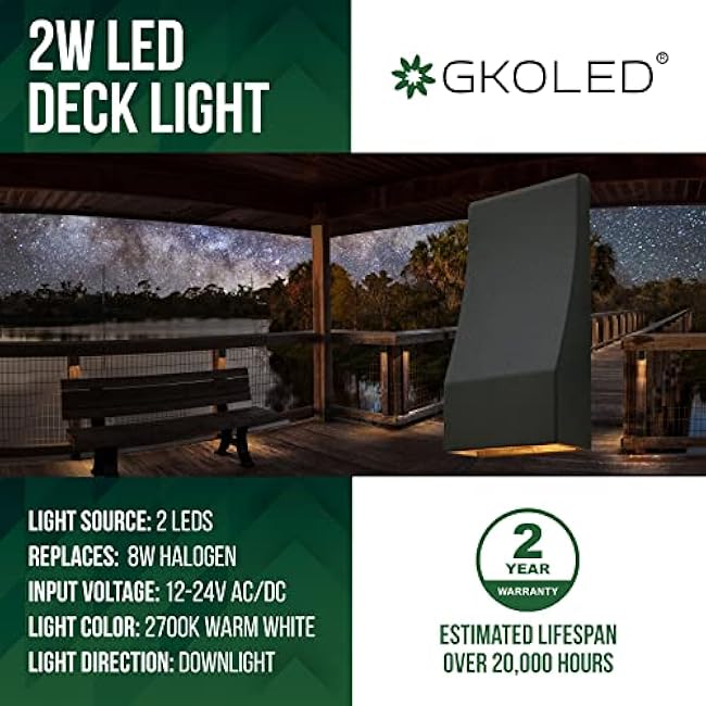 GKOLED Low Voltage LED Wedge Deck Rail Light, Landscape Railing Post Fence Accent Lighting, 2W 2700K Integrated LED Chips, Die-cast Aluminum, Powder Coated Finish, 12V AC/DC, IP65 Rated, Black, 6-Pack