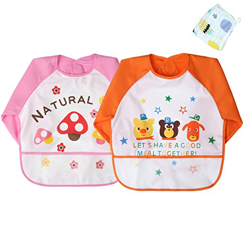 babylaza bebé manga impermeable Bib Babero de manga, conjunto de 2, con libre bebé toallas, de 6 meses a 3 años Pink + orange