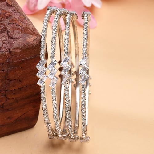 Image of ZENEME Jewelry Rhodium Plated Brass Silver Toned Set Of 4 American Diamond Gold Plated Bangles For Women and Girls