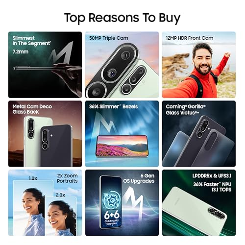 Image of Samsung Galaxy M56 5G Mobile (Light Green,8GB RAM,128GB Storage)| Segment Slimmest | Gorilla Glass Victus+| 10 Bit HDR Video| 50MP Camera| AI | Vapour Cooling Chamber| Lag-free Gaming| Without Charger