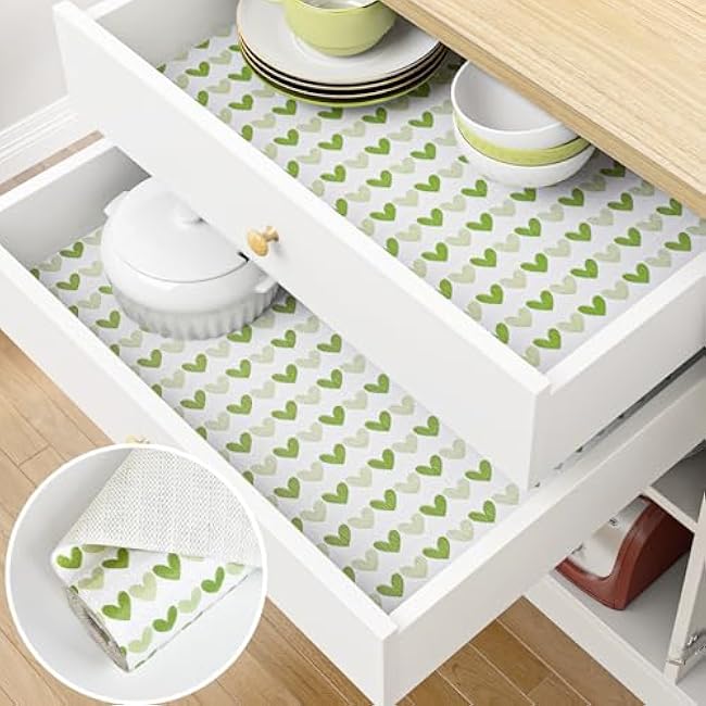 Sevalo Drawer Shelf Liners for Kitchen Cabinets Non Adhesive, Cabinet Liners for Shelves Non Slip Drawer Liner, Shelf Paper Cupboard Mat Liner Bathroom Waterproof Strong Grip Green Heart 12in ¡Á11.8FT