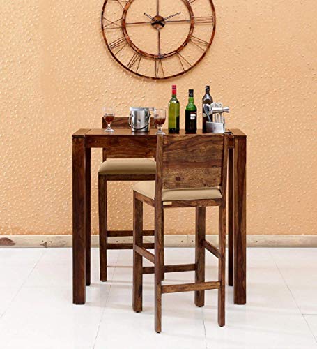 Image of Solid Sheesham Wood Bar Dining Table 2 Seater Set /Wooden Dining Set with 2 Chairs (Teak Finish, 2 Chair, 1 Table)
