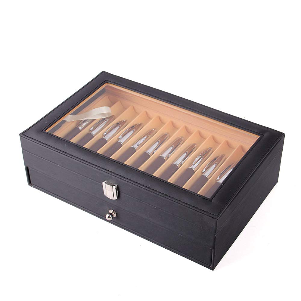 Meeden Sakura - Portapenne in legno con 24 scomparti, colore nero, 30,5 x 20 x 9,5 cm, coperchio trasparente, 2 livelli con cassetto