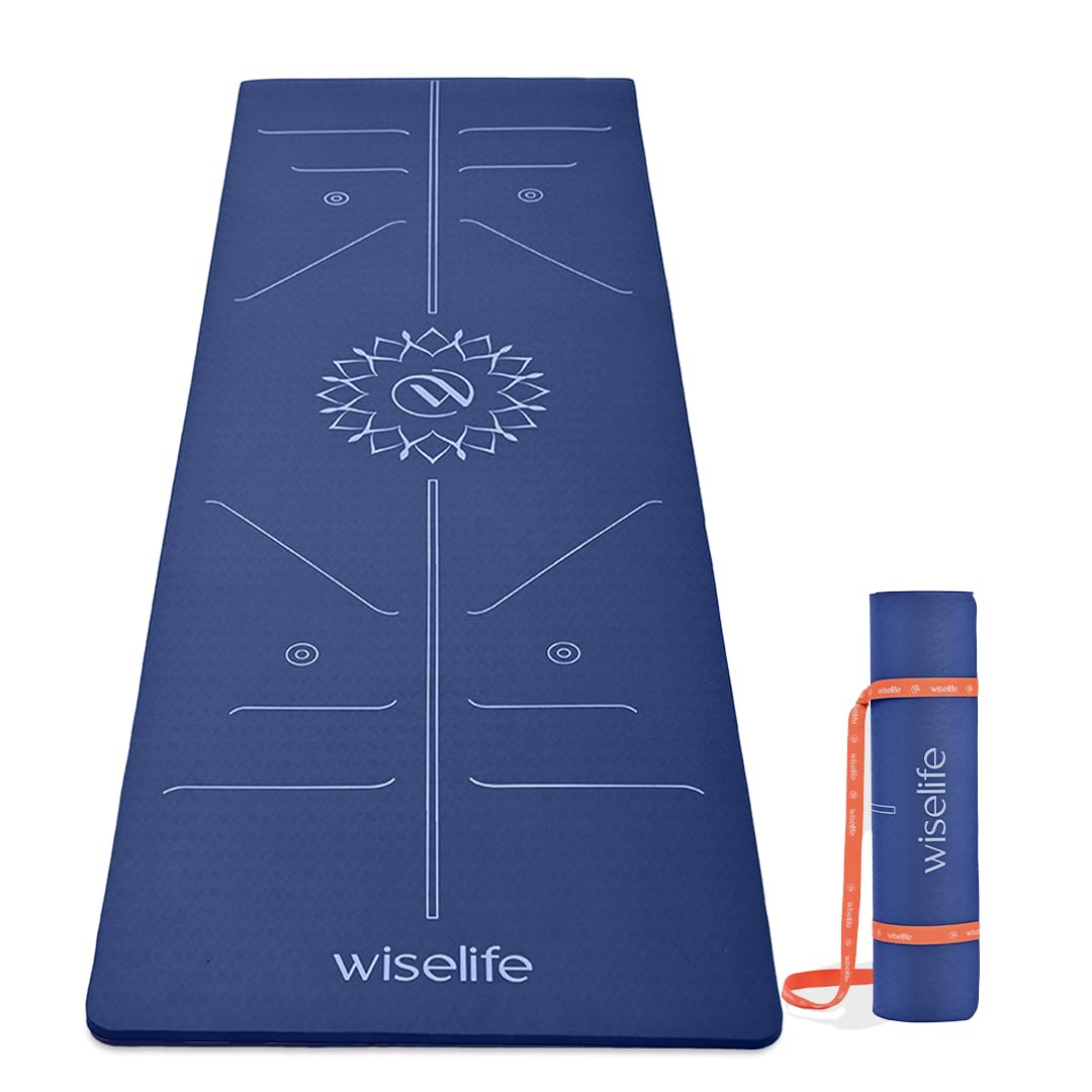 WiseLife Lotus Alignment 10mm Yoga Mat with Strap | Non-Slip Thick Exercise Mat for Yoga, Pilates, Gym & Flexibility Training (Blue)