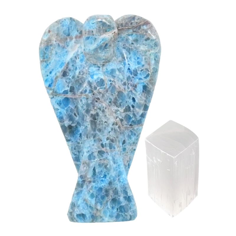 EDZZEL Apatite Crystal Pocket Guardian Angel Figurine Hand Carved Gemstone Statue - 2 inche With Selenite Cube (1Pcs)