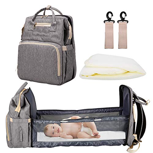Mingto 3 in 1 Diaper Bag Backpack, Multifunctional Travel Baby Bag Back Pack with Changing Station, Foldable Baby Bed, Stroller Straps, Large Capacity, Waterproof (Grey)