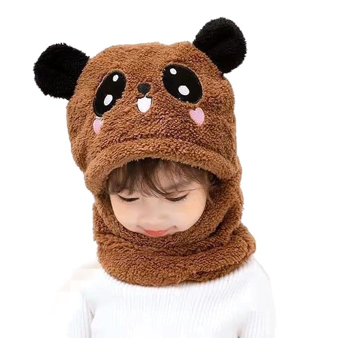 MD Winter Fuzzy Plush Balaclava Hat Cartoon Panda Animal Thick Windproof Full Cover Earflap Hood Cap Neck Warmer Scarf for Boys Girls | Age-2 to 6 Years | Soft Wool | Monkey Cap Multicolour 2
