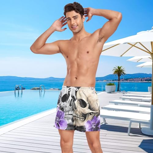 Mens Swim Trunks with Liner, Skulls Floral Purple Black Cool Quick Dry Beach Swim Shorts, Swimwear Bathing Suits S4