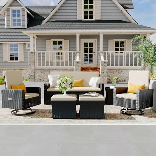 QUYZE 6 Piece Patio Furniture Set, Wicker Patio Conversation Sets with Swivel & Recline Chairs, Outdoor Sectional Sofa Sets with 2 Storage Ottoman, Outdoor Patio Recline Set for Backyard