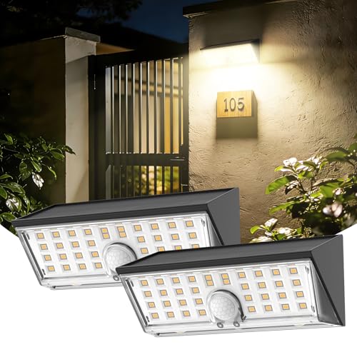 Smiling Shark ソーラーライト WL06-L【パワーアップ版・高輝度500LM・より広い範囲照射】高感度センサーライト 屋外照明 高効率太陽光発電 4モード調光 両面発光 自動点灯/消灯 省エネ 1200mA大容量バッテリー 長持ち電池 IP65防水 防犯ライト 玄関灯 取り付け簡単 壁掛け ガーデン・廊下・庭・玄関・駐車場・応急/防災対応 （暖光・2個セット）