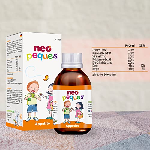Neo Peques Appetite Sirup (150 ml), appetitanregendes Nahrungsergänzungsmittel für Kinder ab 3 Jahren, mit Spirulina, Mineralstoff-Komplex und Pflanzenextrakten, mit Himbeergeschmack