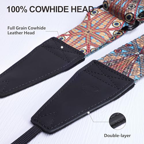 Image of Padwa Lifestyle Extra Long Adjustable Camera Strap for Photographers - 2 inch Wide Full Grain Cowhide Leather Ends Camera Straps with Quick Release for All Cameras,Binoculars(Bohemia Print)