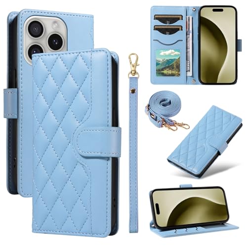 Caseurban Wallet Case for iPhone 16 Pro with Card Holder, Premium PU Leather, Kickstand, Detachable Wrist Strap Shoulder Strap Card Slot, Shockproof Magnetic Flip Cover for Women Men Blue