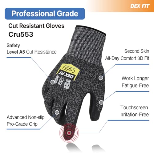Image of DEX FIT Level 5 Extreme Cut Resistant Gloves Cru553 Thin, Non-Slip Power Grip, Professional Grade 3D Comfort Fit, Thin & Lightweight, Breathable, Touchscreen Compatible, Itch-Free; Grey XS (6)