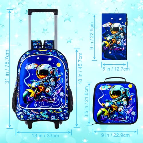 3PCS Astronaut Rolling Backpack for Boys, Kids School Backpacks with Wheels, Water Resistant UV Printed Roller Wheeled Bookbag Set with Lunch Box4