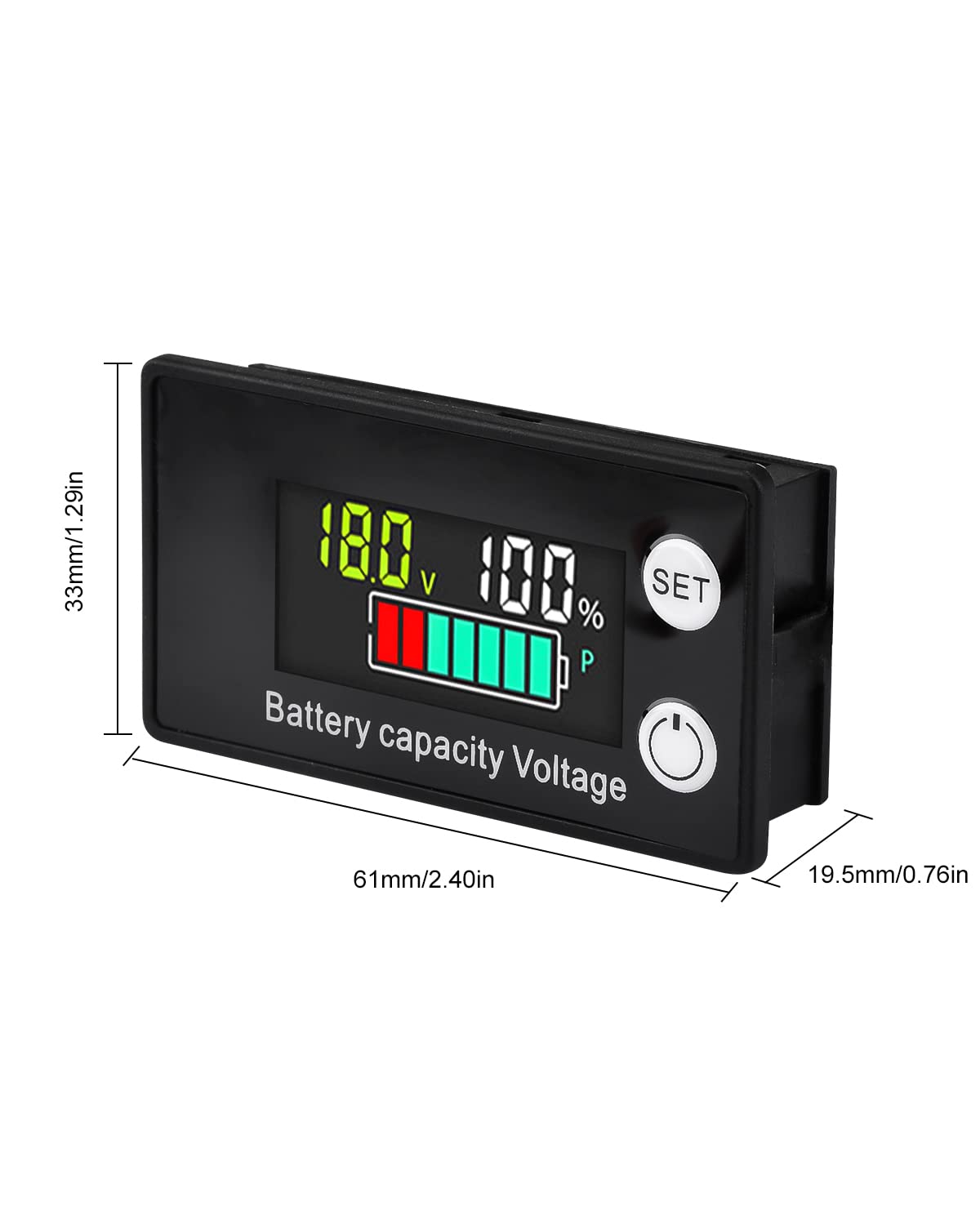 Dimensions of the VOKTTA Battery Capacity Voltage Tester, showing length, width, and depth measurements.