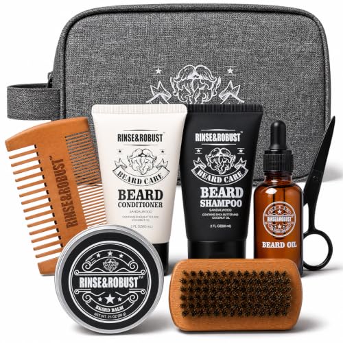 Rinse & Robust Beard Kit for Men, Christmas Gifts for Him, Beard Care & Grooming Travel Set, Beard Oil & Balm Gift Set with Toiletry Bag, Holiday Stocking Stuffers for Dad Husband Boyfriend