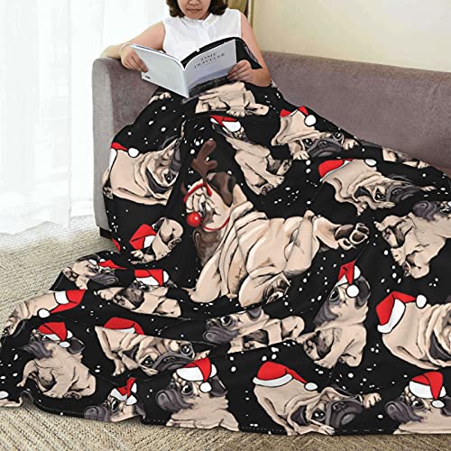 Christmas Pug Dog Fleece Throw Blanket Soft Lightweight Warm Cozy Plush Blanket For Couch Bed Sofa 60"X50" #TOP2