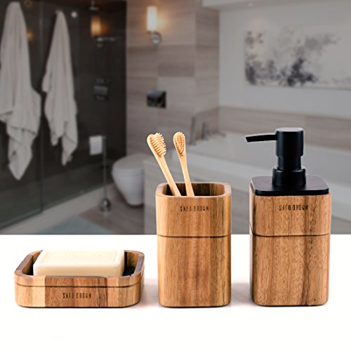Badezimmerset 3-teiliges Badzubehör-Set aus Akazienholz mit Seifenspender, Badezimmerbecher, Seifenschale, Zubehör für Badezimmerdekoration