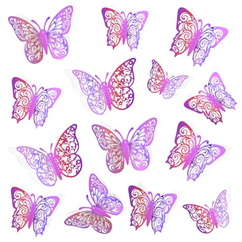 72 Pcs Laser Purple Butterfly Decorations, Wall Decor, 3 Sizes 3 Styles