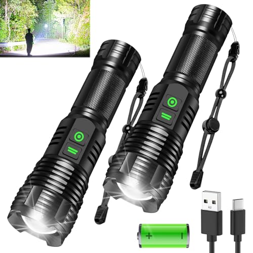 2Pack Rechargeable Flashlights, 100000 High Lumens Super Bright Led Tactical Flashlight with 5 Modes, High Power Waterproof Dual Button/Dual interfaceFlashlight for Emergency, Outdoor, Camping
